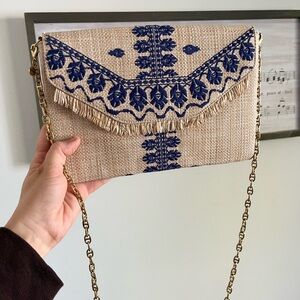 Stella & Dot Tan and Blue Embroidered Clutch